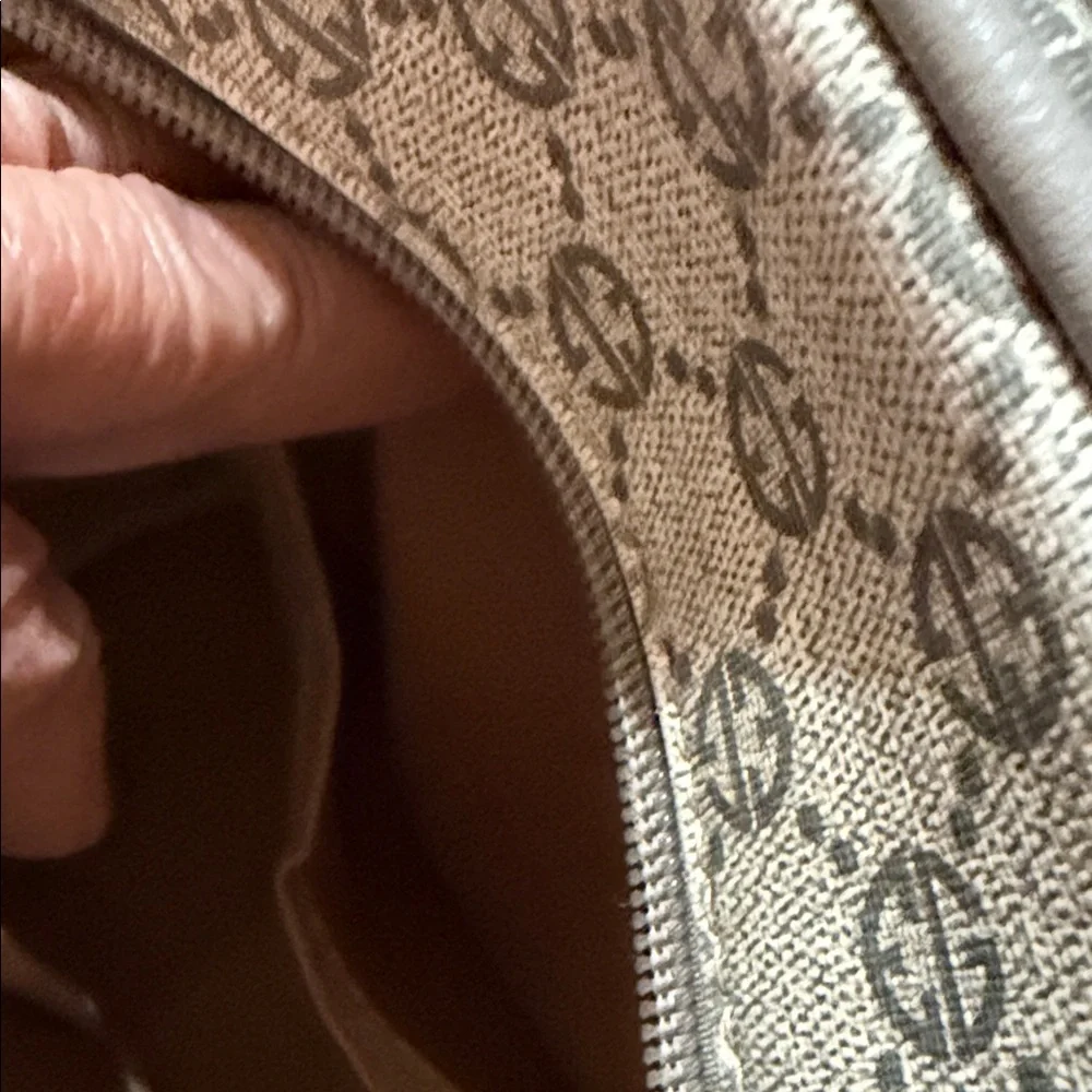 Adrienne Vittadini AV Monogram Mini Backpack Beige Gold Logo Pocket